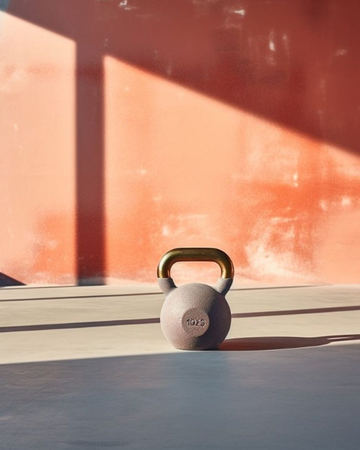 Kettlebell de 10 kg con asa dorada frente a pared terracota en Studio 110, centro de entrenamiento de fuerza en Palma de Mallorca